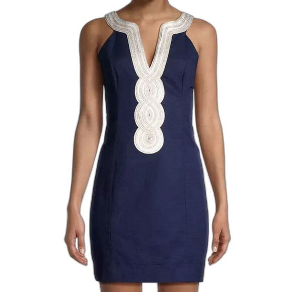 Lilly Pulitzer Valli Shift Dress Women's Size 14 Navy Blue w/Gold & Silver Trim - Picture 1 of 12